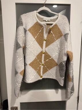English Factory Cream Cardigan with Tan & Light Gray Diamonds